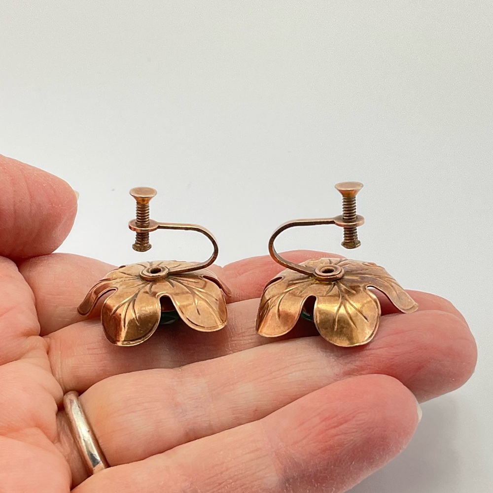 Vtg Copper Floral Earrings with Aqua Blue Rhinestones, MCM, Screw Backs - Picture 7 of 9